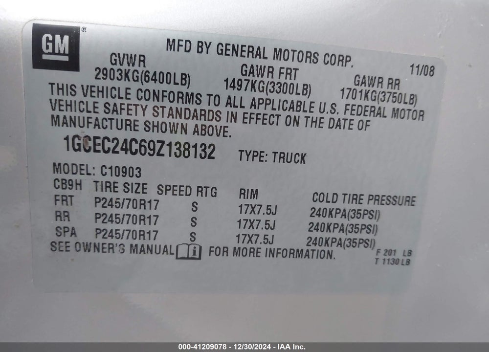 2009 CHEVROLET SILVERADO C1500 LT VIN: 1GCEC24C69Z138132