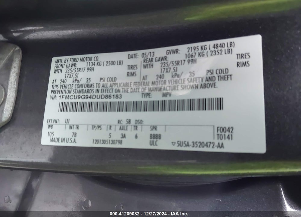 2013 FORD ESCAPE SE VIN: 1FMCU9G94DUD86183