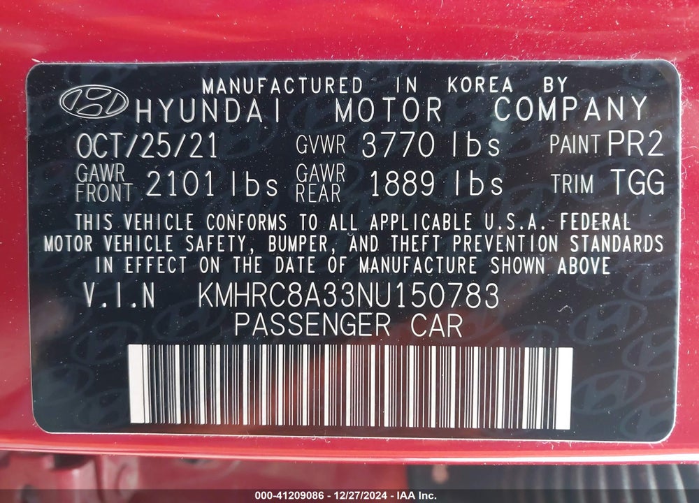 2022 HYUNDAI VENUE SEL VIN: KMHRC8A33NU150783