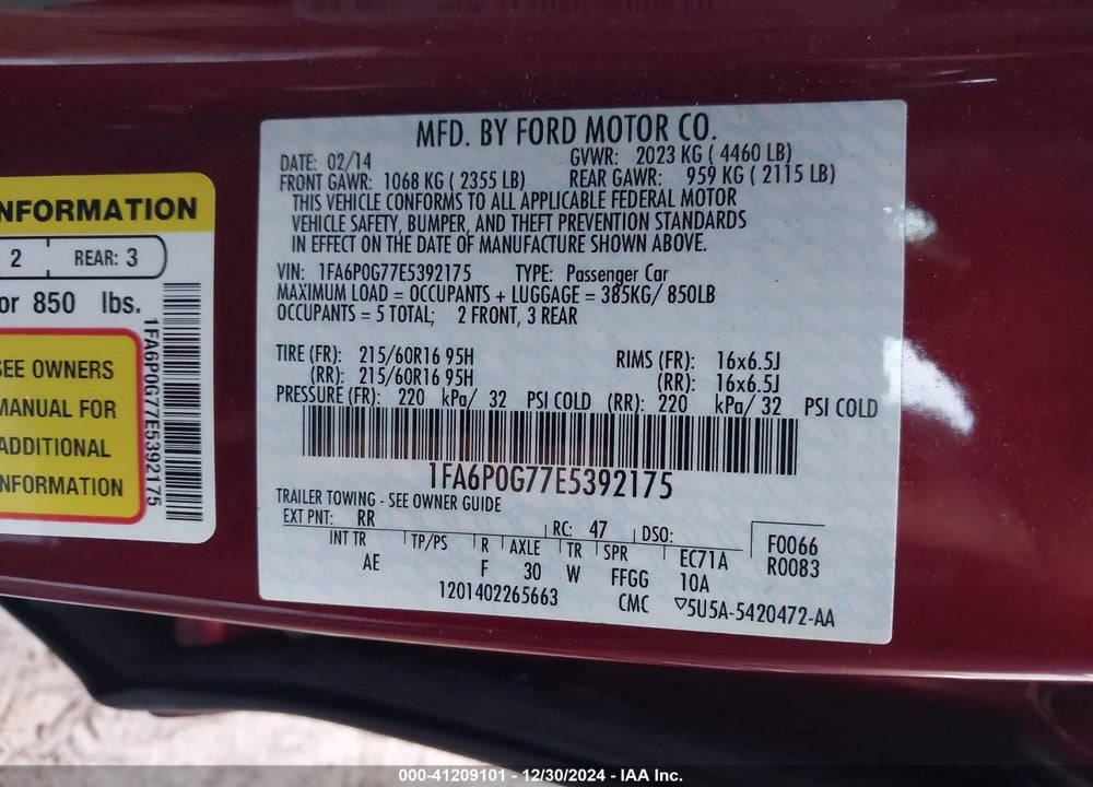 2014 FORD FUSION S VIN: 1FA6P0G77E5392175