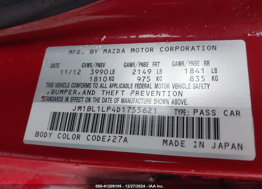 2013 MAZDA MAZDA3 VIN: JM1BL1LP4D1755621