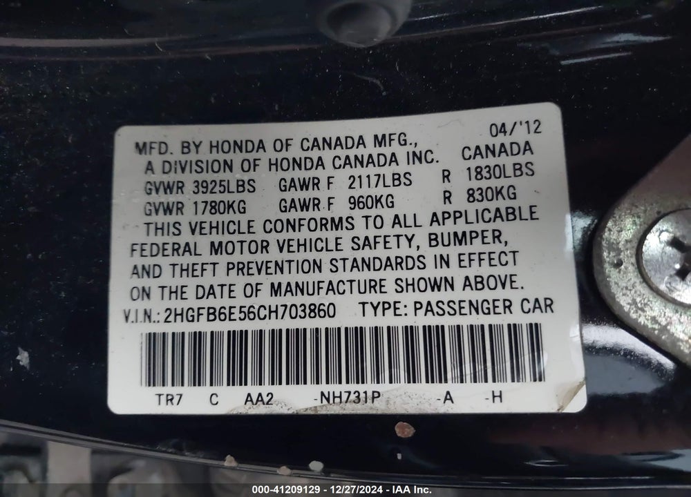 2012 HONDA CIVIC SI VIN: 2HGFB6E56CH703860