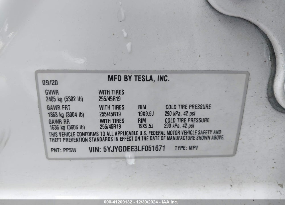 2020 TESLA MODEL Y LONG RANGE DUAL MOTOR ALL-WHEEL DRIVE VIN: 5YJYGDEE3LF051671