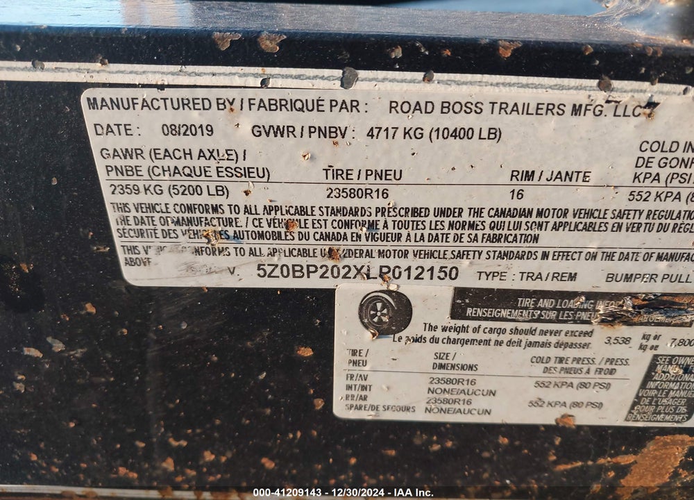 2020 ROAD BOSS TRAILER VIN: 5Z0BP202XLP012150