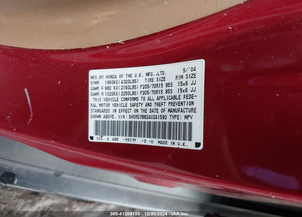 2004 HONDA CR-V EX VIN: SHSRD78824U241590
