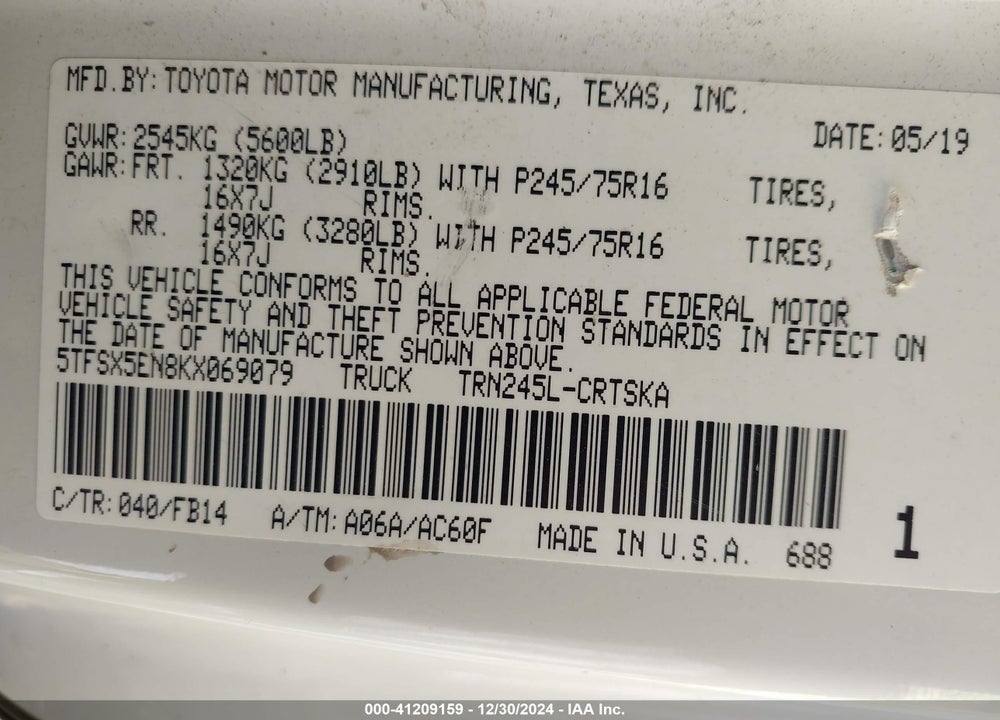 2019 TOYOTA TACOMA ACCESS CAB/SR/SR5 VIN: 5TFSX5EN8KX069079