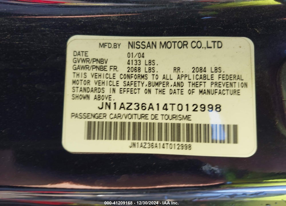 2004 NISSAN 350Z TOURING VIN: JN1AZ36A14T012998
