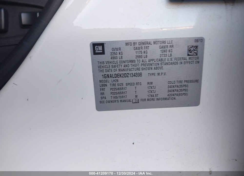 2013 CHEVROLET EQUINOX LT VIN: 1GNALDEK2DZ134398