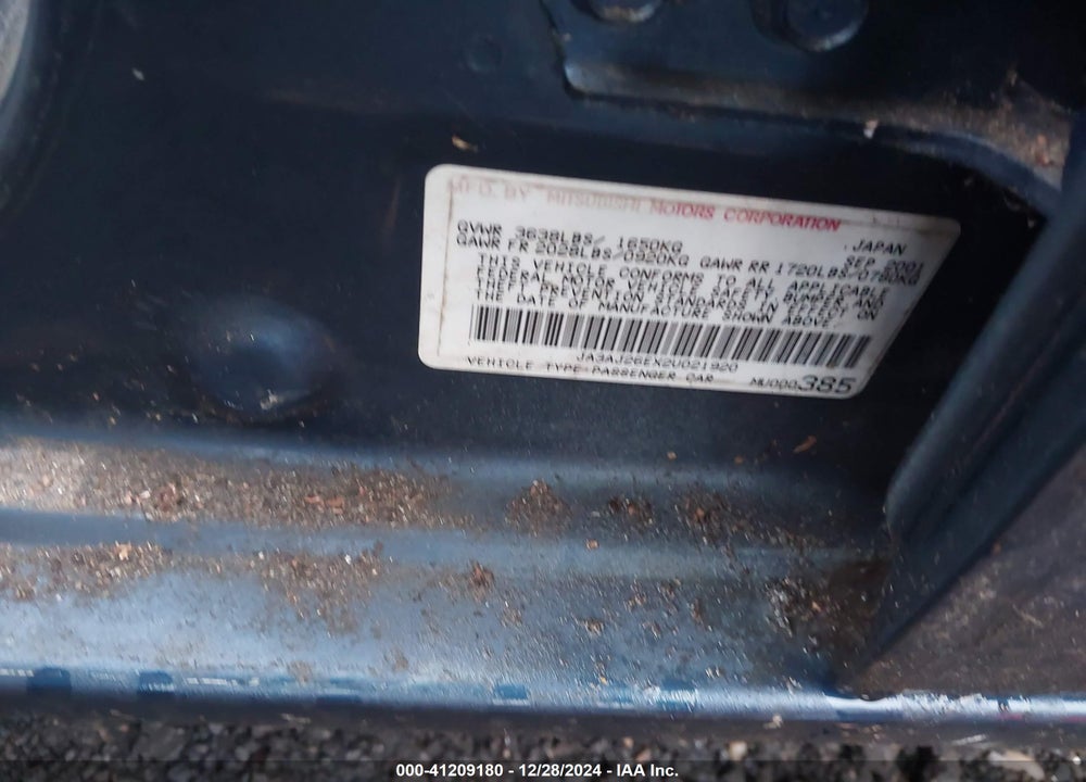 2002 MITSUBISHI LANCER ES VIN: JA3AJ26EX2U021920
