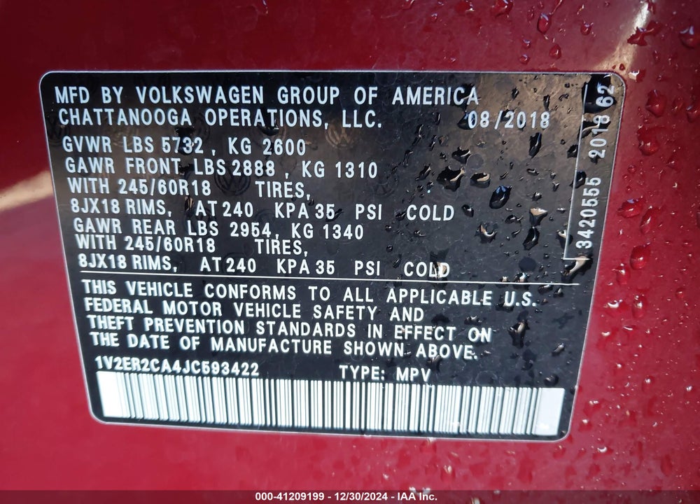 2018 VOLKSWAGEN ATLAS 3.6L V6 SEL VIN: 1V2ER2CA4JC593422