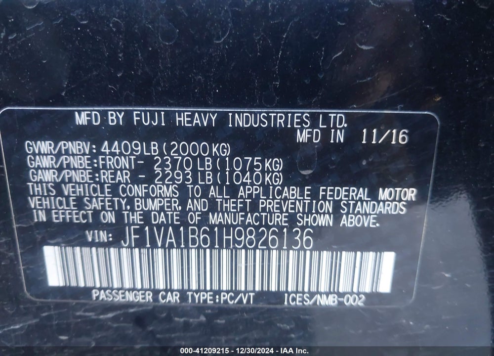 2017 SUBARU WRX VIN: JF1VA1B61H9826136
