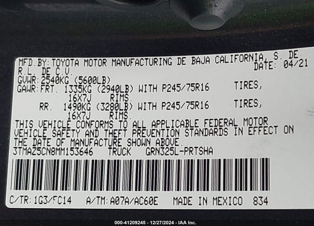 2021 TOYOTA TACOMA VIN: 3TMAZ5CN8MM153646