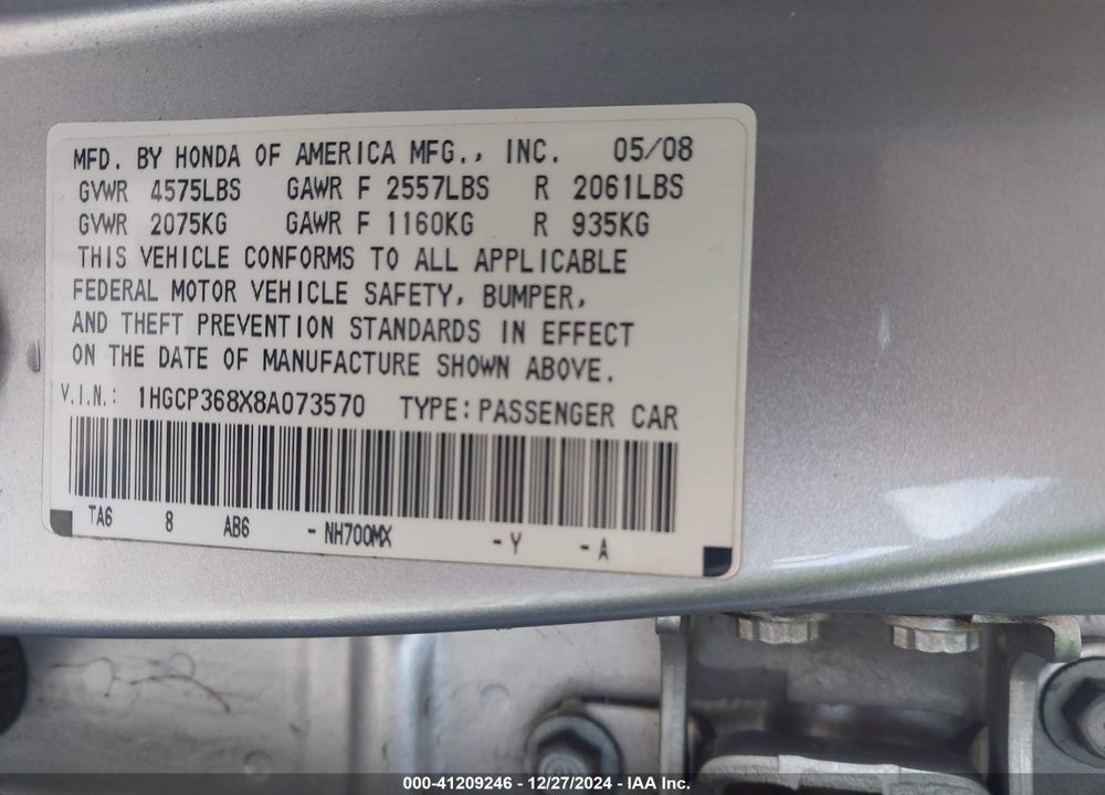 2008 HONDA ACCORD 3.5 EX-L VIN: 1HGCP368X8A073570