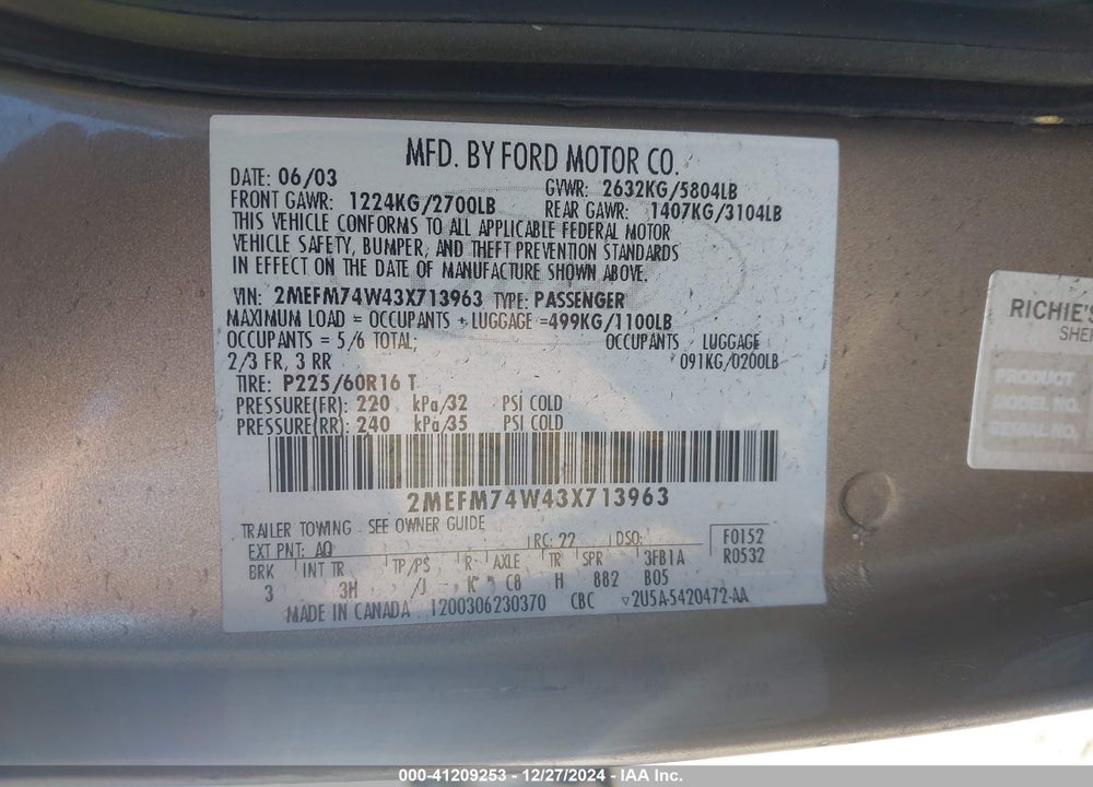 2003 MERCURY GRAND MARQUIS GS VIN: 2MEFM74W43X713963