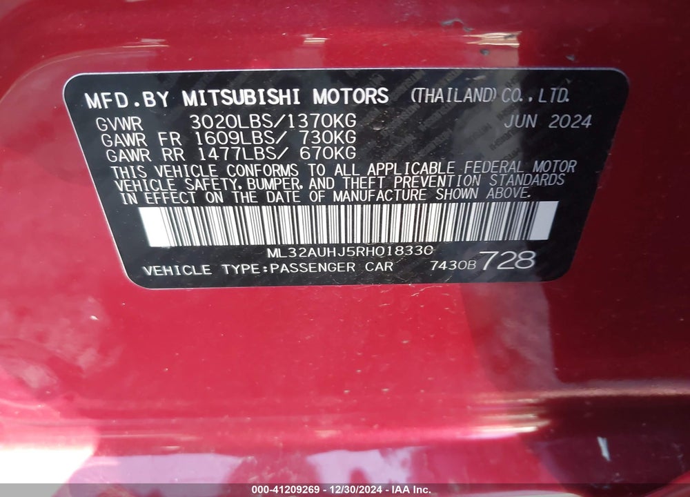 2024 MITSUBISHI MIRAGE ES/LE VIN: ML32AUHJ5RH018330