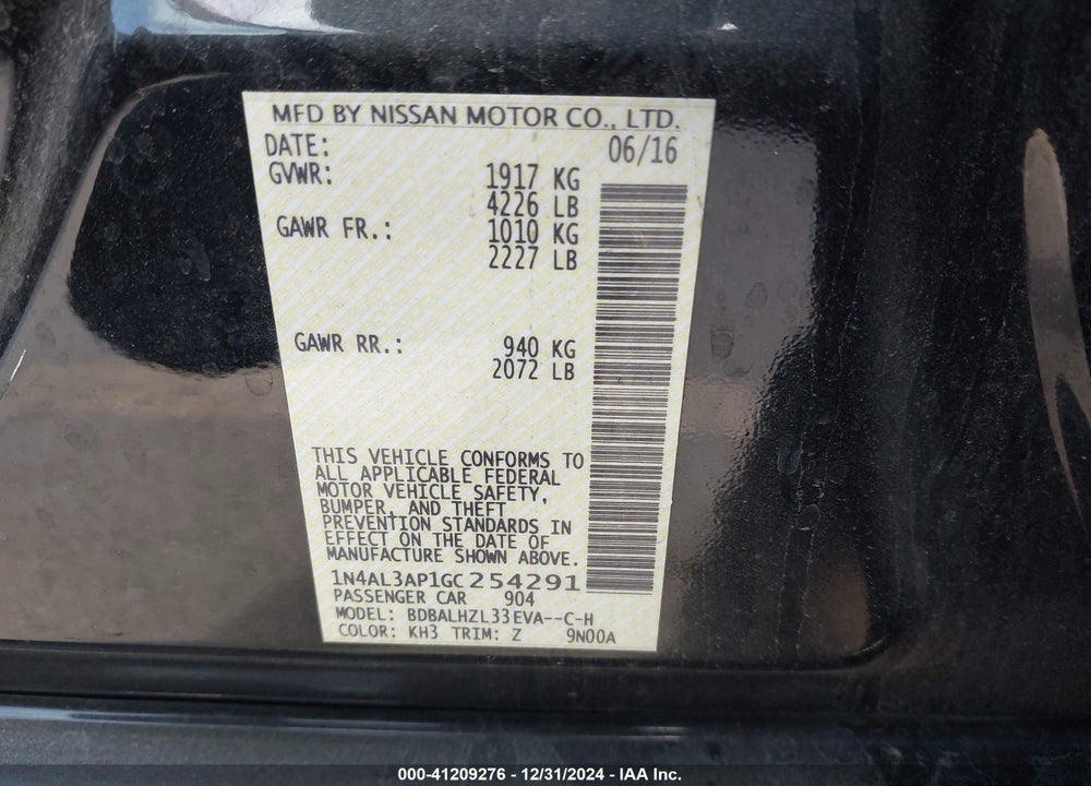 2016 NISSAN ALTIMA VIN: 1N4AL3AP1GC254291