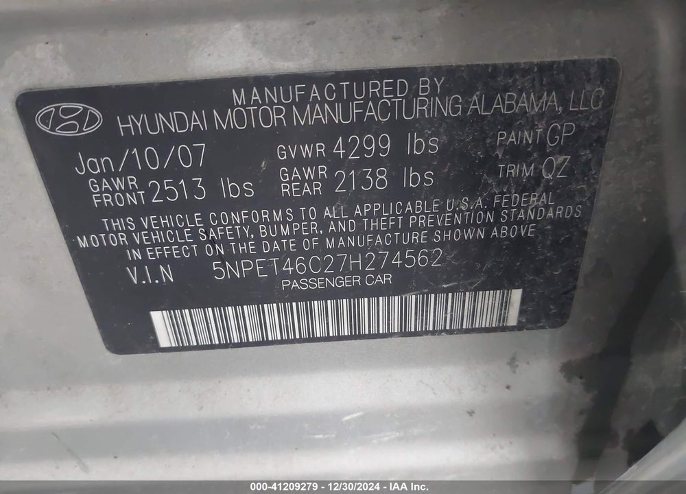 2007 HYUNDAI SONATA GLS VIN: 5NPET46C27H274562