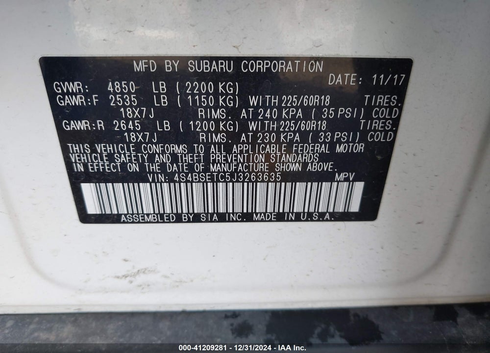 2018 SUBARU OUTBACK VIN: 4S4BSETC5J3263635
