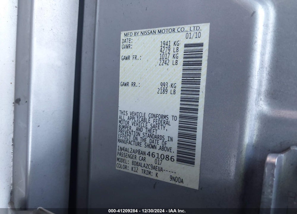 2010 NISSAN ALTIMA 2.5 VIN: 1N4AL2AP8AN461086