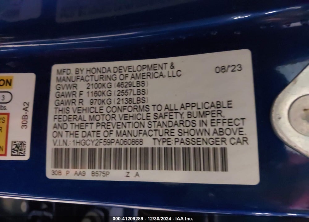 2023 HONDA ACCORD VIN: 1HGCY2F59PA060868