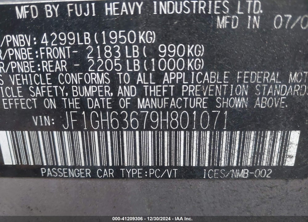 2009 SUBARU IMPREZA OUTBACK SPORT VIN: JF1GH63679H801071