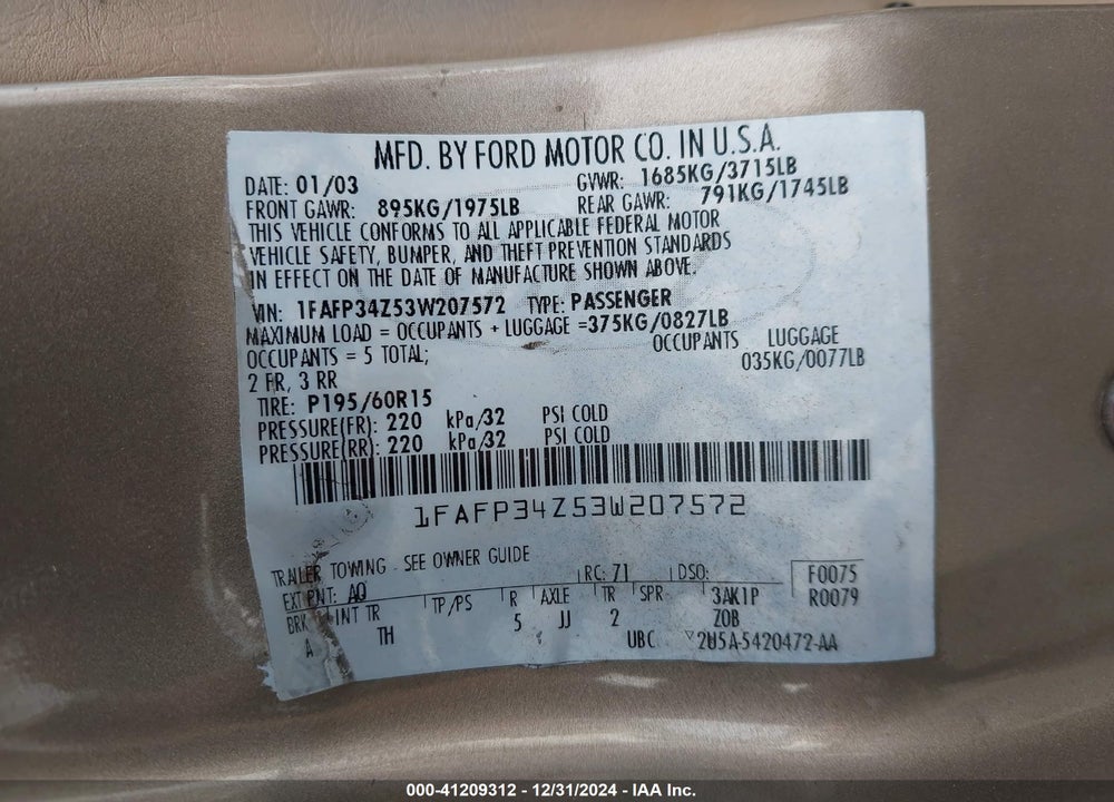 2003 FORD FOCUS SE COMFORT/SE SPORT VIN: 1FAFP34Z53W207572