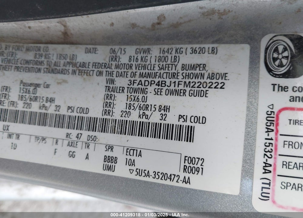 2015 FORD FIESTA VIN: 3FADP4BJ1FM220222