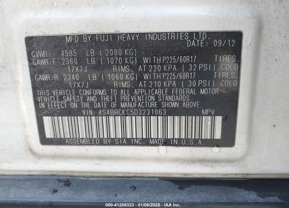 2013 SUBARU OUTBACK 2.5I LIMITED VIN: 4S4BRCKC5D3231063