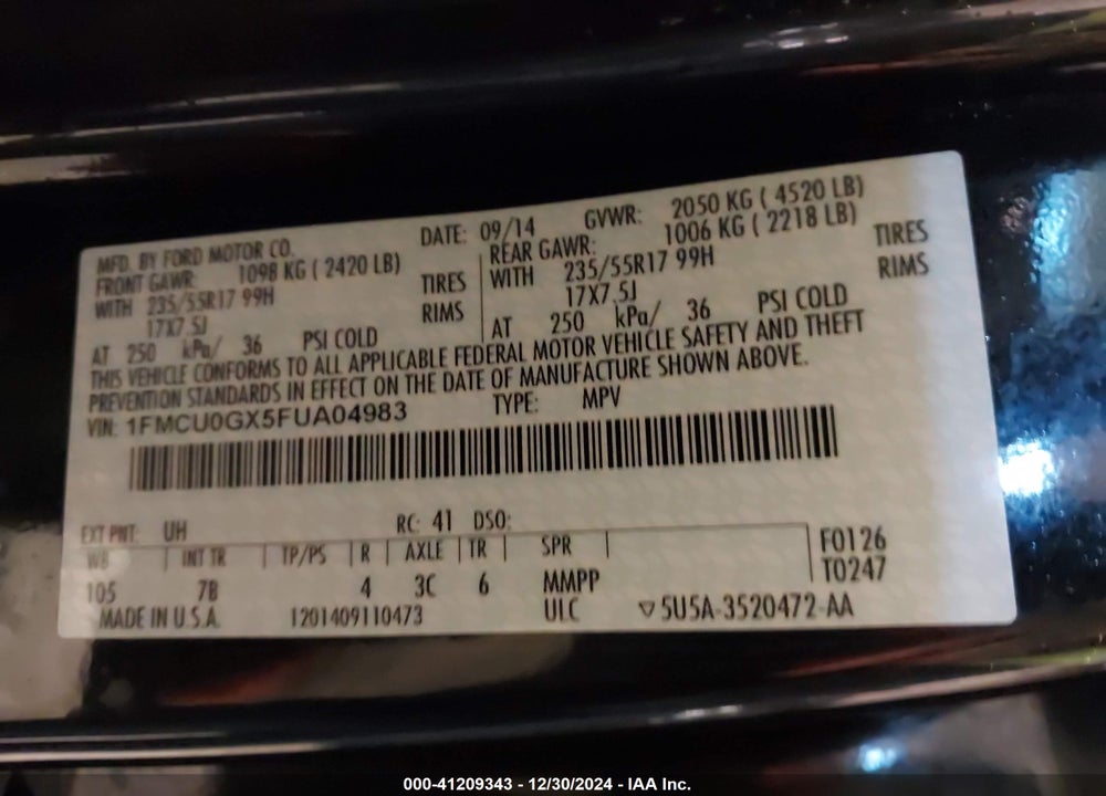2015 FORD ESCAPE SE VIN: 1FMCU0GX5FUA04983
