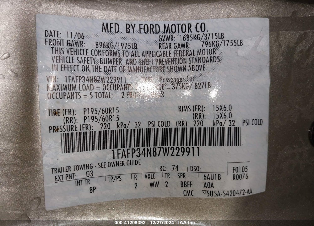 2007 FORD FOCUS ZX4/S/SE/SES VIN: 1FAFP34N87W229911