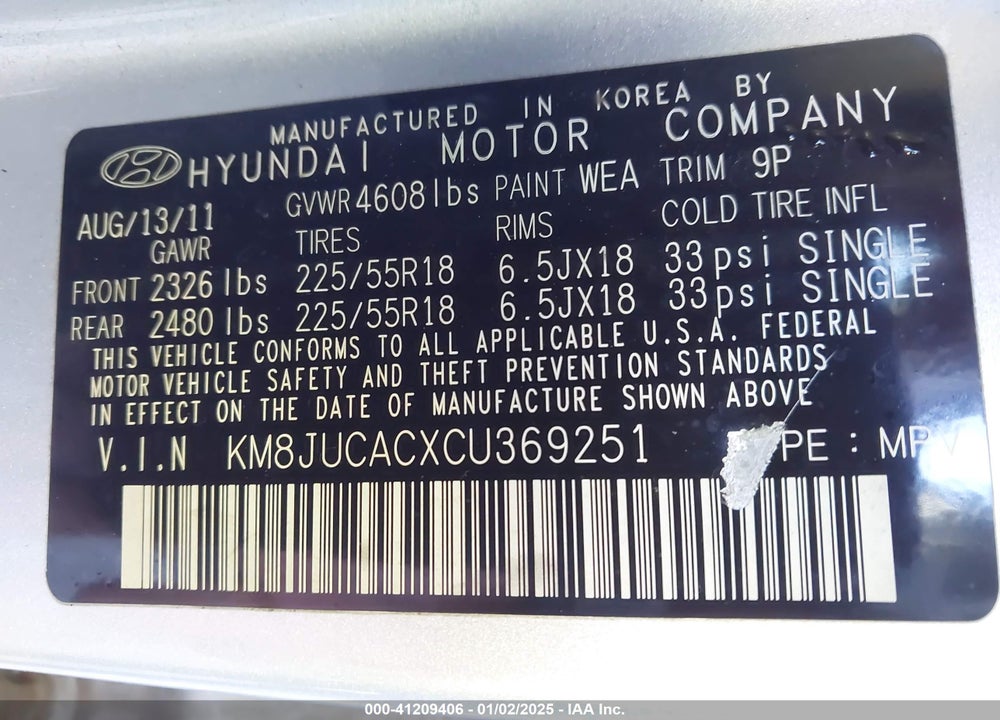 2012 HYUNDAI TUCSON GLS/LIMITED VIN: KM8JUCACXCU369251