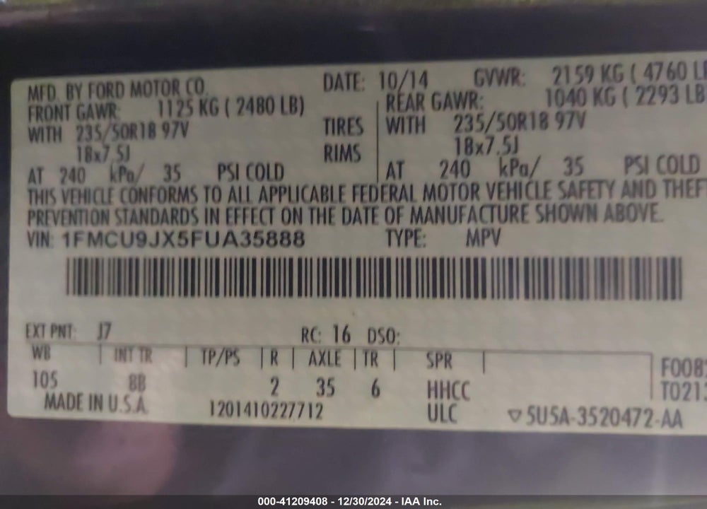 2015 FORD ESCAPE TITANIUM VIN: 1FMCU9JX5FUA35888