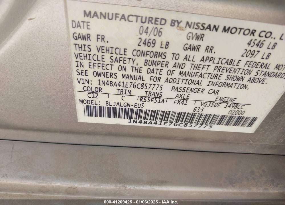 2006 NISSAN MAXIMA SE/SL VIN: 1N4BA41E76C857775