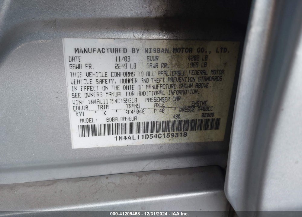 2004 NISSAN ALTIMA 2.5 S VIN: 1N4AL11D54C159318