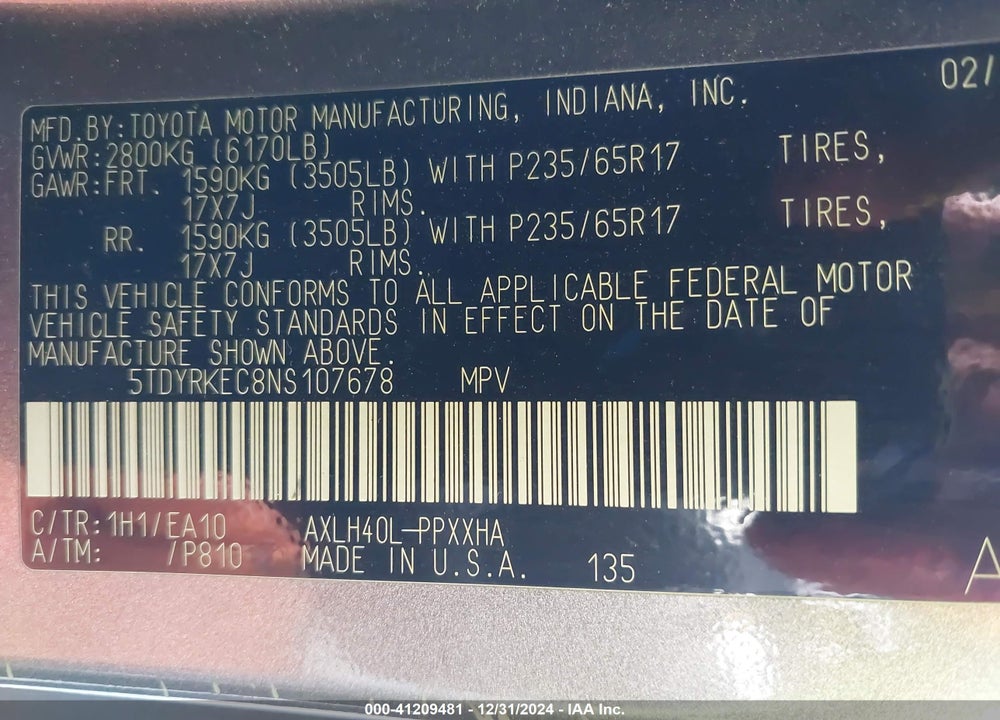 2022 TOYOTA SIENNA XLE VIN: 5TDYRKEC8NS107678