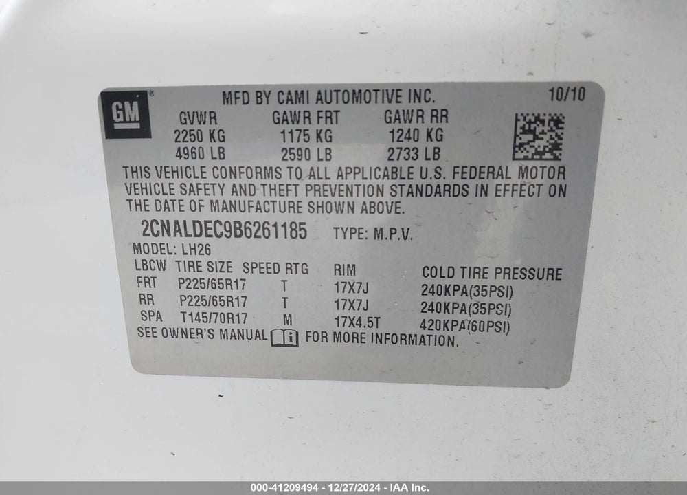 2011 CHEVROLET EQUINOX LT VIN: 2CNALDEC9B6261185