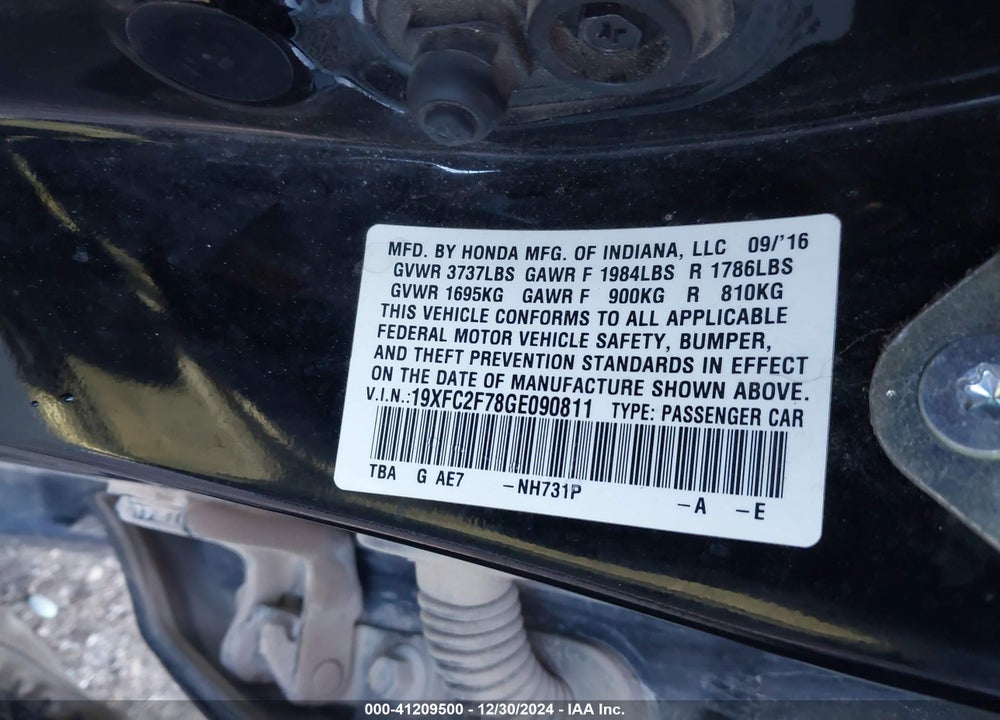 2016 HONDA CIVIC VIN: 19XFC2F78GE090811
