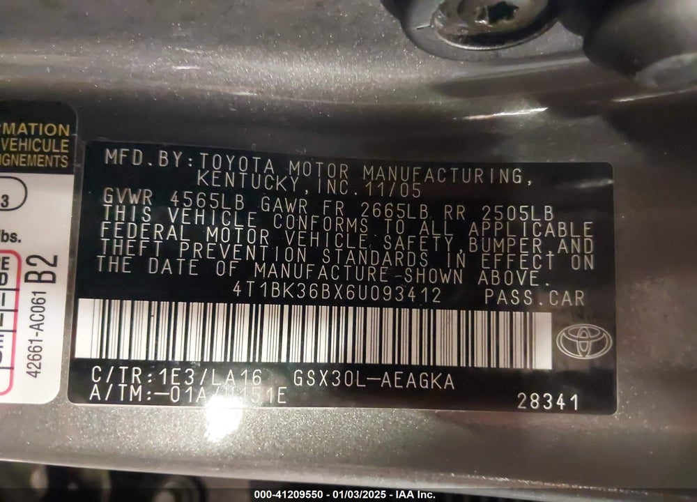 2006 TOYOTA AVALON XLS VIN: 4T1BK36BX6U093412