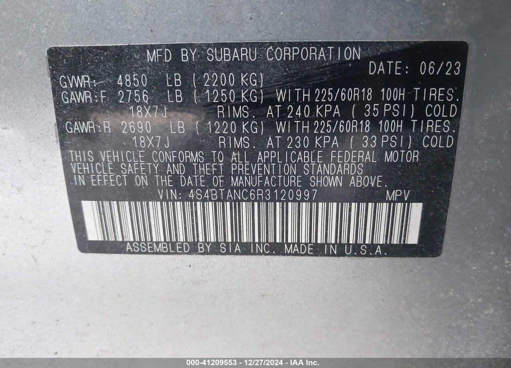 2024 SUBARU OUTBACK LIMITED VIN: 4S4BTANC6R3120997