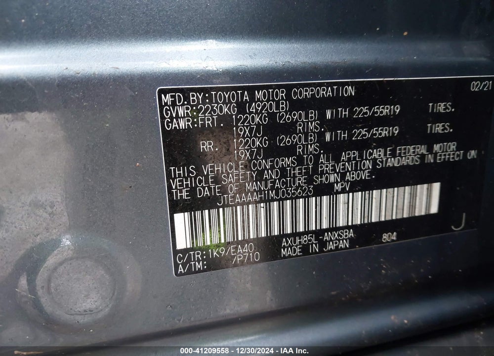 2021 TOYOTA VENZA LIMITED VIN: JTEAAAAH1MJ035623