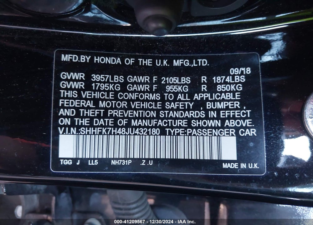 2018 HONDA CIVIC SPORT VIN: SHHFK7H48JU432180