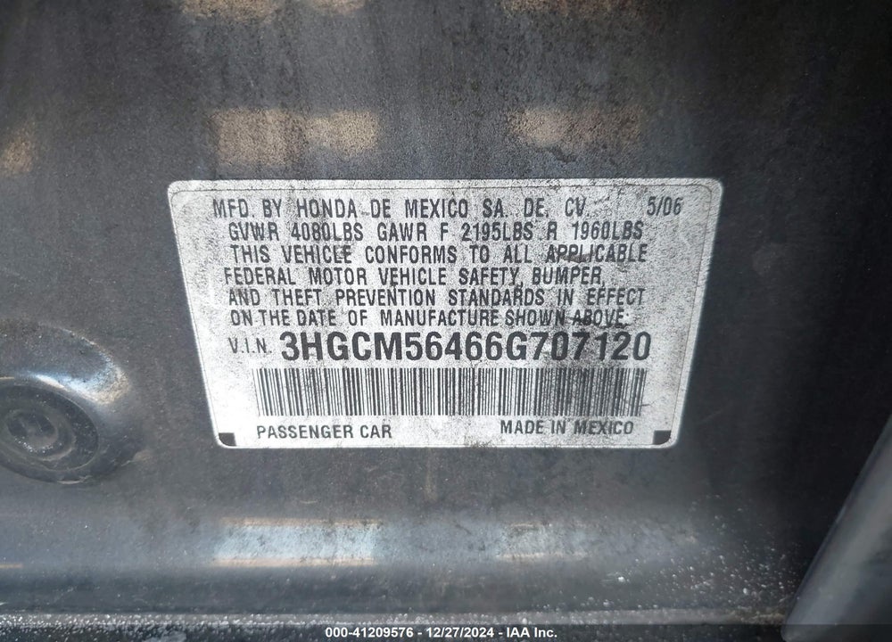 2006 HONDA ACCORD LX VIN: 3HGCM56466G707120