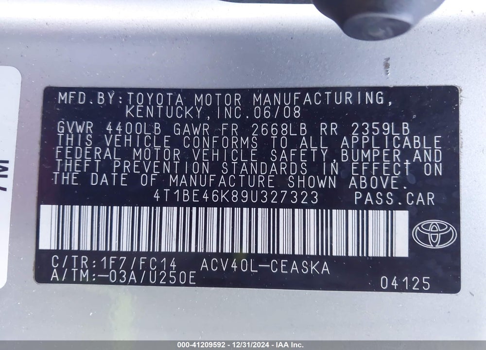 2009 TOYOTA CAMRY SE VIN: 4T1BE46K89U327323