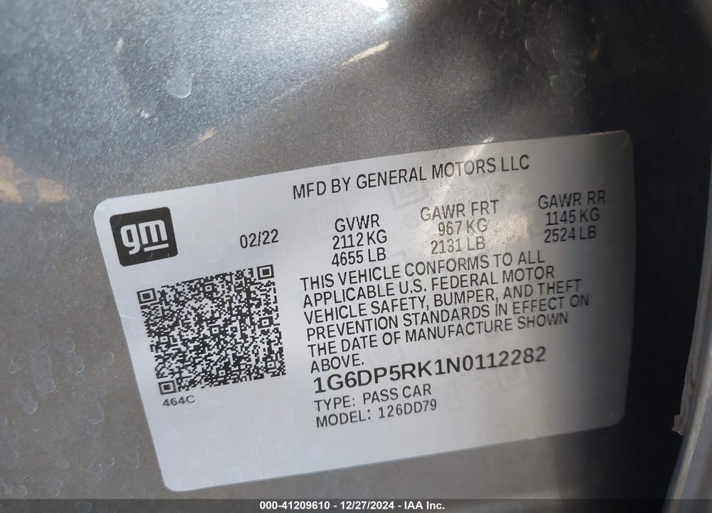 2022 CADILLAC CT5 SPORT VIN: 1G6DP5RK1N0112282
