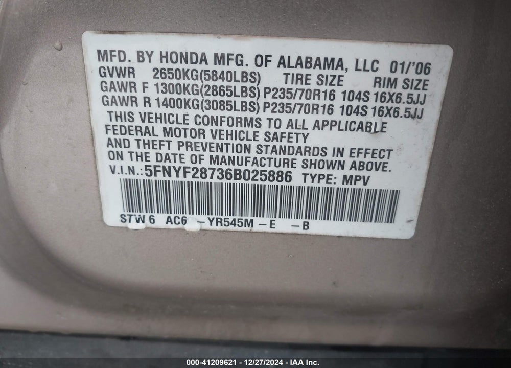 2006 HONDA PILOT EX VIN: 5FNYF28736B025886