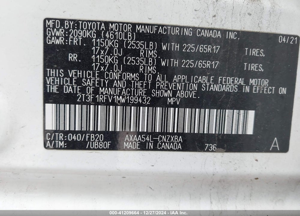 2021 TOYOTA RAV4 LE VIN: 2T3F1RFV1MW199432