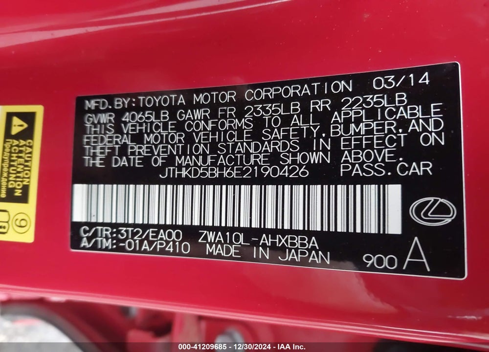 2014 LEXUS CT 200H VIN: JTHKD5BH6E2190426
