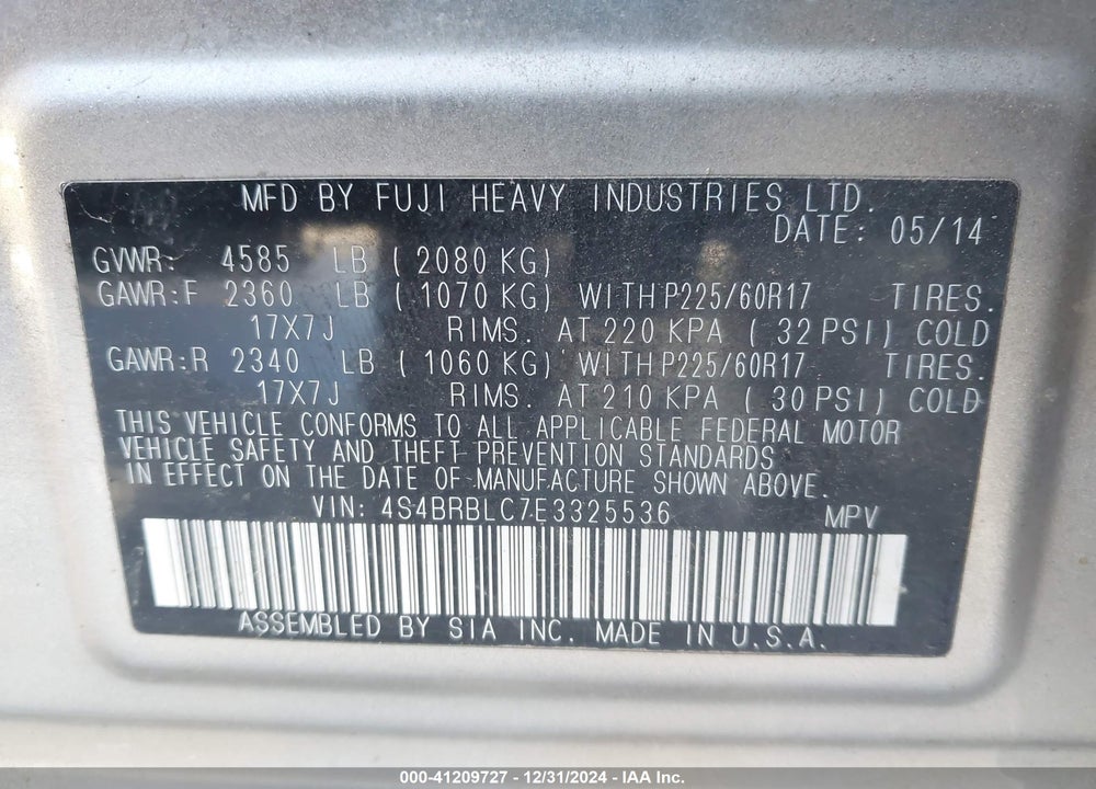 2014 SUBARU OUTBACK 2.5I LIMITED VIN: 4S4BRBLC7E3325536