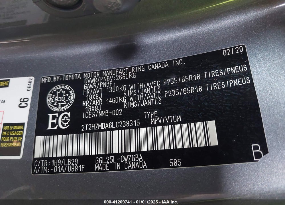 2020 LEXUS RX VIN: 2T2HZMDA6LC238315