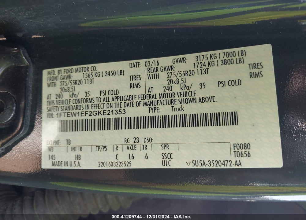 2016 FORD F150 SUPERCREW VIN: 1FTEW1EF2GKE21353